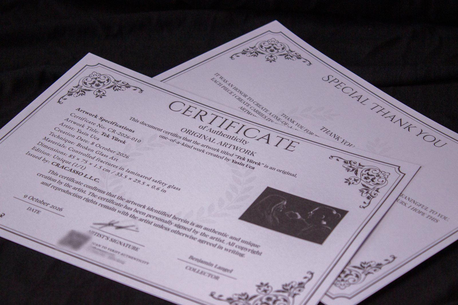Certificat d’authenticité et carte de remerciement Cracasso pour une œuvre originale en verre brisé